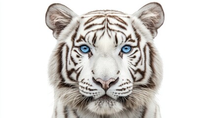 Fototapeta premium A frontal shot of a majestic white tiger with striking blue eyes, isolated against a white background.