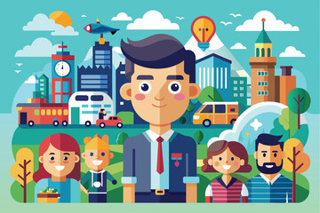 A lively illustration shows various people engaged in activities in a colorful city during daytime, Modern life Customizable Cartoon Illustration