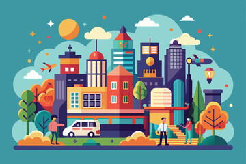 A colorful cityscape showcasing dynamic architecture, people interacting, and lush trees under a sunny sky, Modern life Customizable Semi Flat Illustration