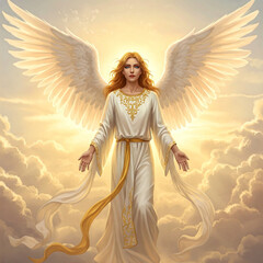 A serene angel with luminous wings clad in white descends from the radiant clouds arms outstretched in welcome.