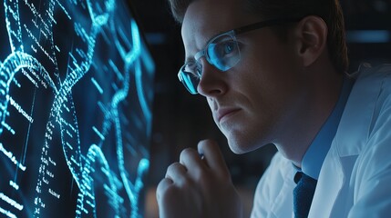 Focused Scientist Analyzing Complex Data on Digital Screen Futuristic Technology Research Genetic Engineering Medical Innovation Blue Light Laboratory