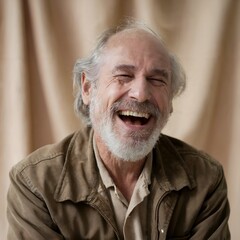 A portrait of an old man laughing ,wrinkles on face, beard, generated by AI