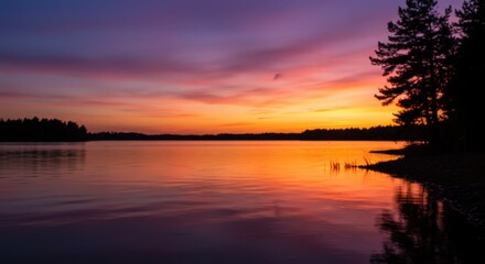 Obraz premium Tranquil Lake Sunset: Colorful Sky Reflection, Finnish Summer Night, Travel, Vacation, Nature Beauty, Peaceful Scene, Outdoor Scenery, Copy Space
