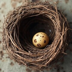 Golden decorative egg placed in a rustic nest with textured twigs