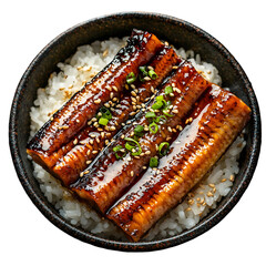 Unagi Donburi (Japanese Grilled Eel Rice Bowl) top view isolated die cut  