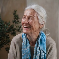 A portrait of an old woman laughing ,wrinkles on face, generated by AI
