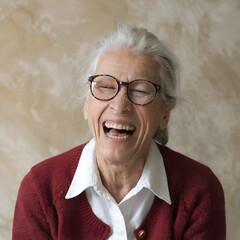A portrait of an old woman laughing ,wrinkles on face, generated by AI
