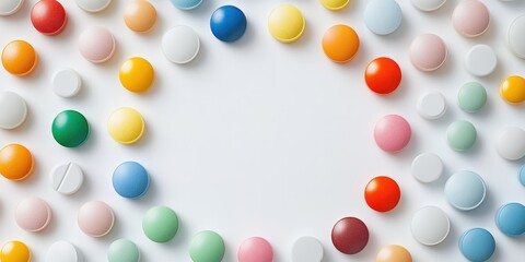 Colorful array of circular tablets displayed in a circular pattern on a white surface