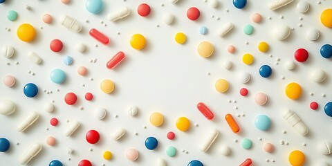 Colorful assortment of pills and capsules displayed on a smooth surface for health and medical purposes