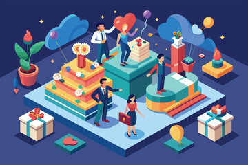 Colorful characters engage in a joyful celebration, showcasing heartfelt moments and fun activities, Moment to remember Customizable Isometric Illustration