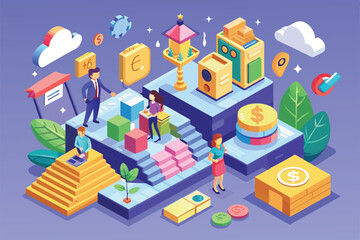 Naklejka premium A colorful isometric illustration showcasing people engaging in activities related to financial motivation and growth, Money motivation Customizable Isometric Illustration
