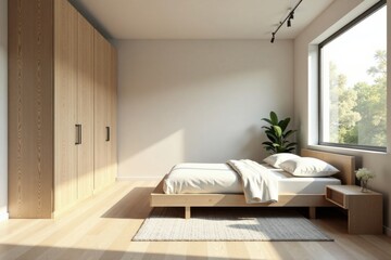 Serene Minimalist Bedroom Design Featuring a Light Wood Platform Bed, Spacious Wardrobe, and Natural Light