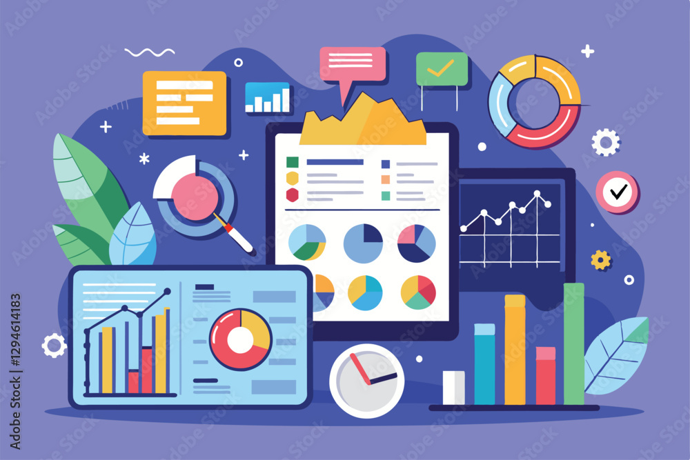 Poster colorful charts, graphs, and data points represent monthly report analytics and insights, monthly re