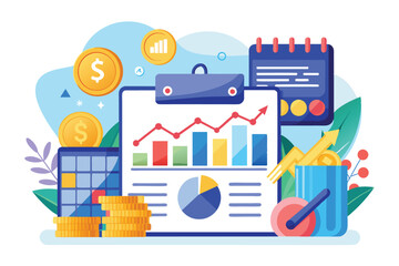 A colorful monthly report display featuring charts, calendars, and financial symbols illustrating progress, monthly report, charts calendars coins
