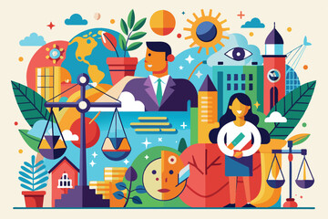 Naklejka premium This artwork creatively showcases various themes of morality, justice, and community engagement, Moral Customizable Disproportionate Illustration
