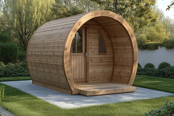 Naklejka premium Wooden yurt in garden, peaceful getaway, outdoor retreat, potential for rental or vacation use