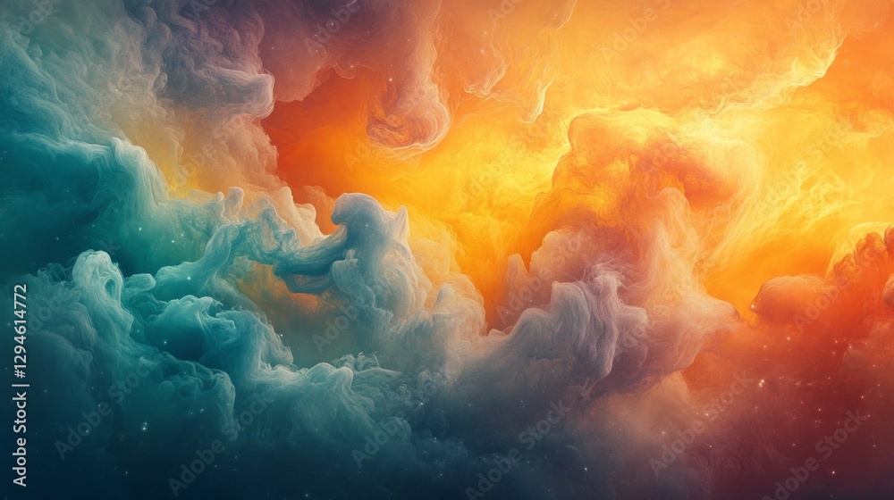 Poster swirling clouds create a mesmerizing blend of vibrant oranges and deep blues during sunset, offering