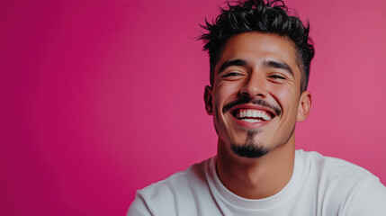 Obraz premium Amused Latino Man in His 20s Softly Chuckling with a Playful Smile Against a Solid Bright Pink Background