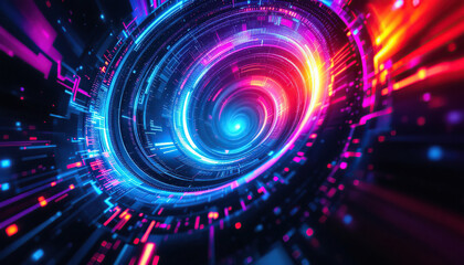 Obraz premium Abstract Neon Spiral Technology Background with Blue and Red Lights