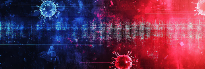 Cyberattack concept with binary virus code, glitch effects, and warning signs flashing in red and white