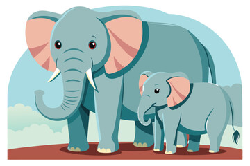 Obraz premium A mother elephant guides her curious baby through a lush green landscape under a clear sky, Mother and Baby Elephant Drawing