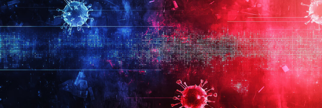 Cyberattack concept with binary virus code, glitch effects, and warning signs flashing in red and white