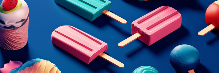 Summer background of ice cream, lollipops and other summer sweets, decorated with bright flowers and creating a light, airy atmosphere.