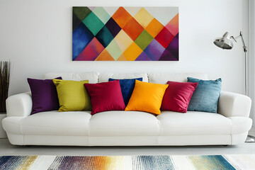 White sofa with colorful throw pillows and geometric abstract art