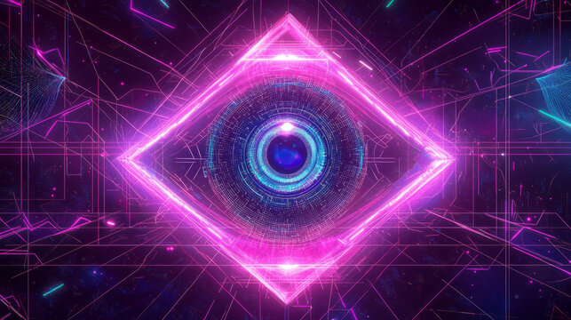 Abstract geometric eye design with neon lines and digital particles forming a futuristic interface