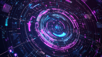 Fototapeta premium Cyber Tech background, with glowing interface panels and neon purple and blue color scheme