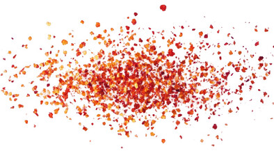 Spicy chili red pepper flakes flying, chopped, milled dry paprika pile isolated on white