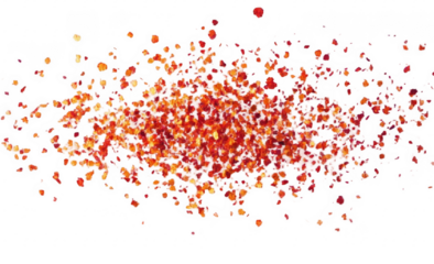 Spicy chili red pepper flakes flying, chopped, milled dry paprika pile isolated on white