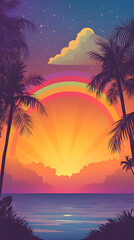 Vector illustration of a sunset with palm trees, using simple shapes and a colorful gradient

