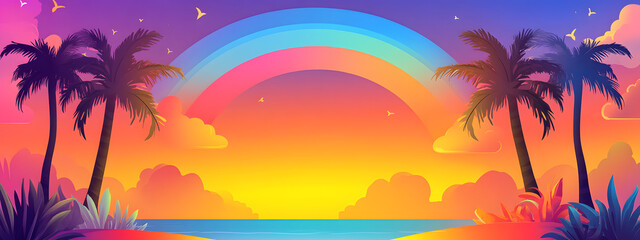 Vector illustration of a sunset with palm trees, using simple shapes and a colorful gradient
