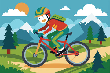 Fototapeta premium A cheerful cyclist rides on a trail surrounded by mountains and greenery under a sunny sky, Mountain biking Customizable Cartoon Illustration