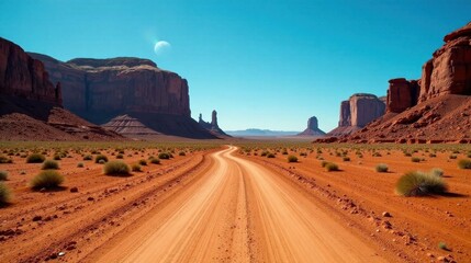 Fototapeta premium A winding desert road cuts through a landscape of majestic sandstone formations under a brilliant blue sky and a distant celestial body.
