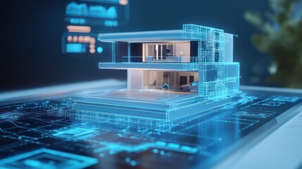 Fototapeta premium A futuristic home-buying concept with a 3D modern house model rotating above a digital blueprint