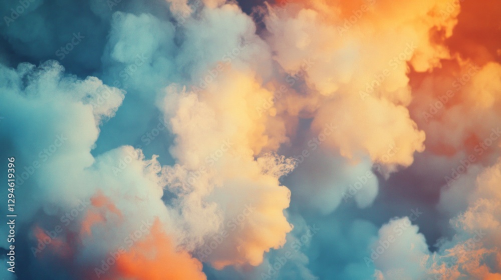 Poster Soft textures of clouds blend beautifully as day transitions to night, creating a mesmerizing display of orange and blue colors in the twilight sky. The atmosphere feels tranquil and serene