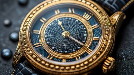 Obraz premium Gold Luxury Watch Close-up, Dark Background, Advertisement