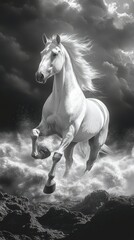 Majestic white horse leaps through crashing waves under a dramatic stormy sky