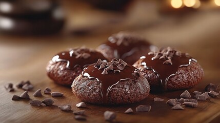 Chocolate cookies, drizzled with melted chocolate, on wooden surface, with blurred background of candles and stones.  Use Food photography