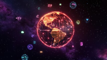 Fototapeta premium A glowing globe with interconnected digital network icons floating around it, isolated on a dark starry sky background