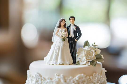 Set of wedding cake toppers featuring detailed bride and groom figurines. Perfect for adding a charming, personalized touch to the cake, enhancing the overall theme and elegance of the celebration