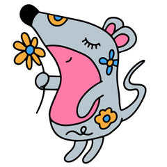 Cartoon gray mouse with pink ears and belly holding a flower in his hand
