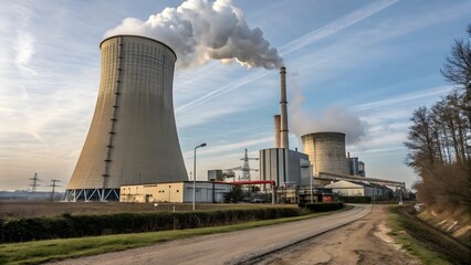 Nuclear power plant with smoke. Industrial power plant with cooling towers and chimney emitting steam. Created with Ai