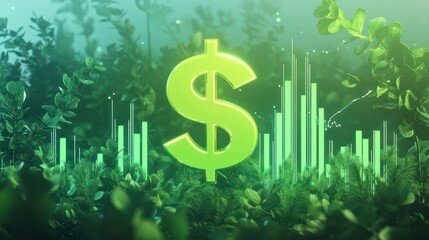 A glowing green dollar sign icon floating above a digital financial chart, showing a positive correlation between sustainability