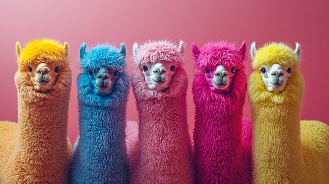 A group of alpacas dressed in sparkly, neon-bright rock punk outfits, set against a vibrant backdrop with space for text