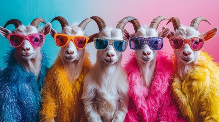 A group of goats dressed in sparkly, neon-bright rock punk outfits, set against a vibrant backdrop with space for text. Ideal for commercials, editorial ads, or party invitations