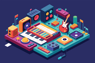 Obraz premium This vibrant illustration features a range of music equipment, including instruments and sound devices, Music Customizable Isometric Illustration