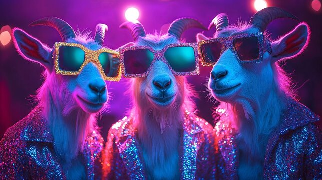 A group of goats dressed in sparkly, neon-bright rock punk outfits, set against a vibrant backdrop with space for text. Ideal for commercials, editorial ads, or party invitations